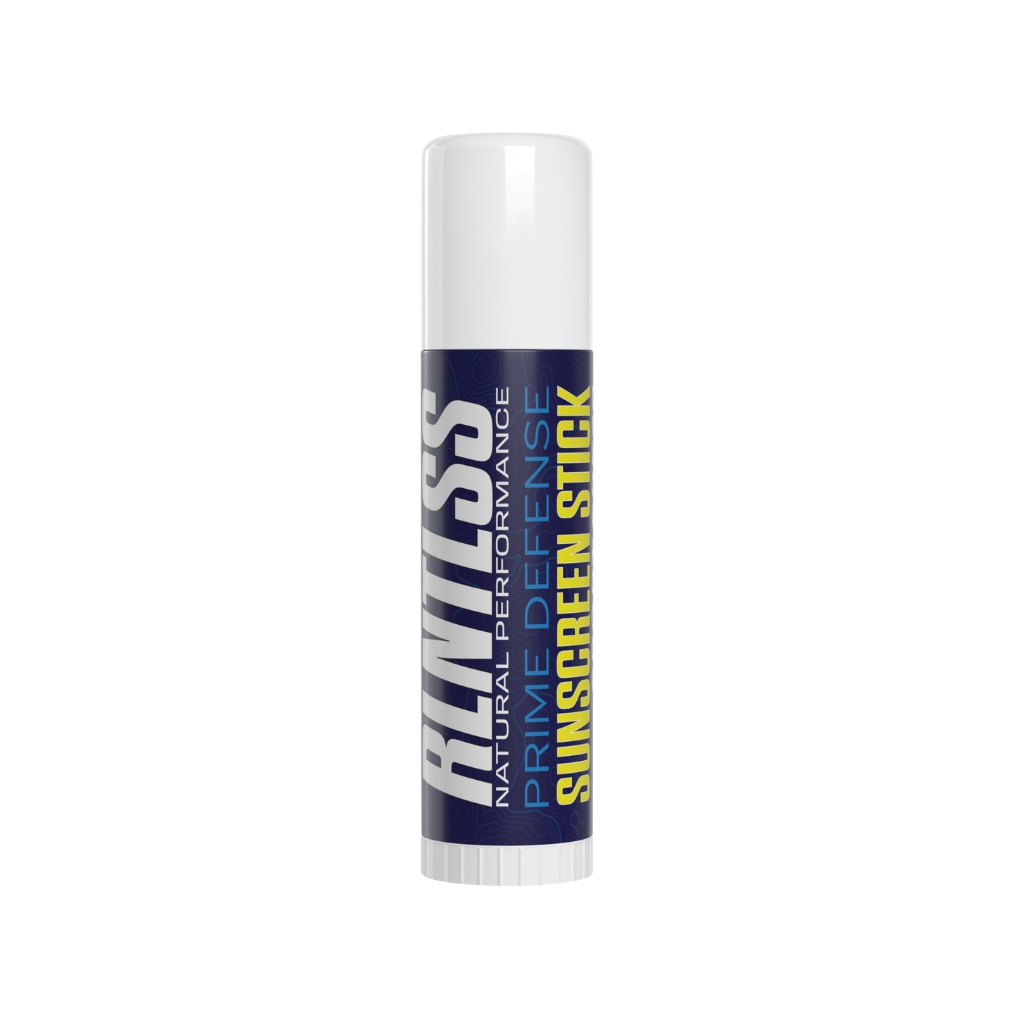 A sunscreen stick labeled 'RLNTLSS SPF 30 PRIME DEFENSE Sport' with a blue and white color scheme.